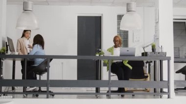 Business woman planning development strategy at desk, looking at analytics online on laptop to create annual report. Office worker checking information on statistics, agency management.