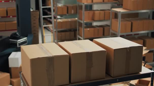 堆满原材料和架子的仓库 用来装纸板箱 准备装货物和产品的包装供运输 用于质量控制的空存储空间 小企业 — 图库视频影像