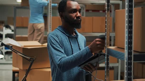Male Entrepreneur Scanning Storage Room Produucts Gadget Scanner Working Logistics — Vídeos de Stock