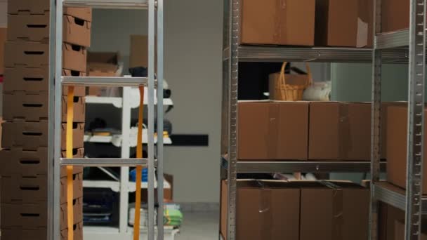 Storage Room Filled Merchandise Packed Boxes Placed Shelves Racks Empty — Video