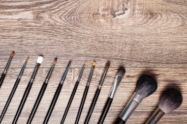 Professional make-up brushes on wooden background. Beauty industry