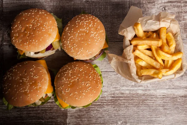 Home Made Gourmet Burgers Wooden Plate Next Fries Fast Food — ストック写真