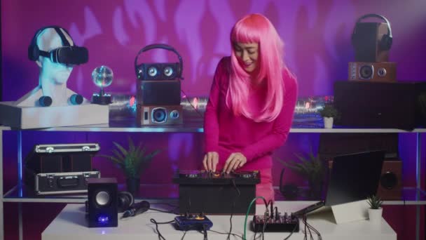 Asian Musician Playing Electronic Music Turntables Having Fun Fans Club — стоковое видео