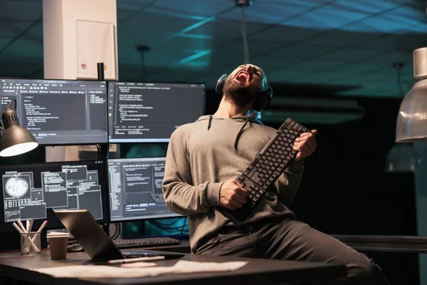 Database Programmer Playing Guitar Keyboard Writing Code Cloud Computing Programming — Stock Photo, Image
