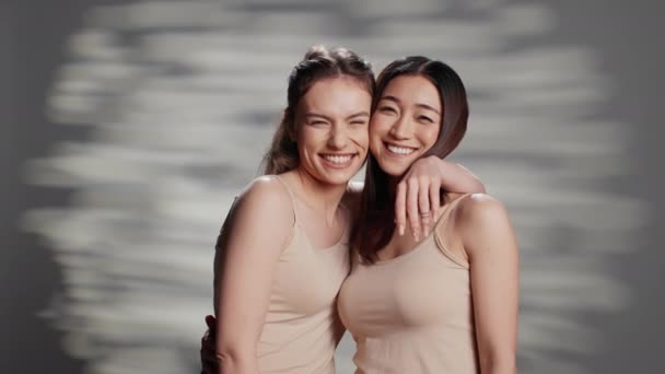 Diverse Friends Laughing Feeling Positive Camera Posing Skincare Campaign Happy — Stok video