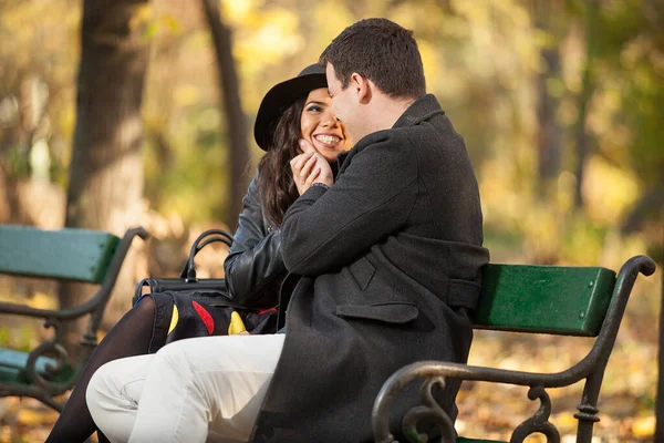 Beautiful Couple Sitting Bench Autumn Park —  Fotos de Stock