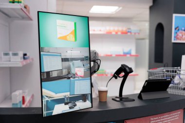 Pharmacy store counter desk with shelves showing health care adds and pharmaceutical products to cure disease, boxes filled with vitamins and pills. Empty drugstore treatment and medicine.