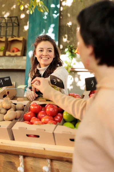 友好的有机水果和蔬菜店主为顾客提供在当地食品市场上品尝多汁苹果片的机会 积极快乐的女农民销售新鲜天然土生土长的产品 — 图库照片