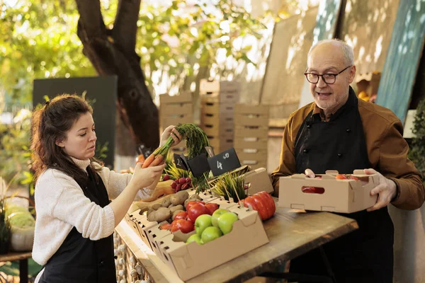 Kadın Yaşlı Erkek Satıcılardan Oluşan Bir Ekip Sağlıklı Tarım Ürünleri — Stok fotoğraf