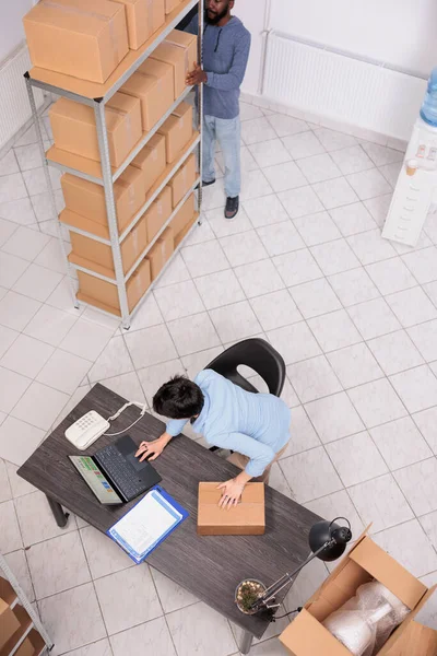 Top View Storehouse Manager Standing Desk Warehouse While Preparing Customer — Stock Photo, Image