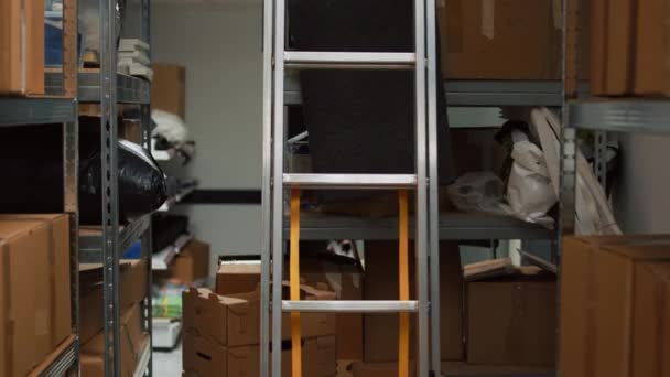 Empty Office Space Warehouse Carton Boxes Desk Laptop Retail Store — Stock video