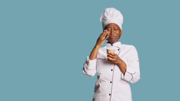 Exhausted Chef Yawning Drinking Coffee Camera Trying Fall Asleep Culinary — Stock Video