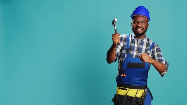Construction Worker Hitting Something Hammer Using Manual Metallic Tool Renovation — Stock Video