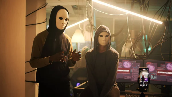Cyber Criminals Wearing Anonymous Masks Broadcasting Video Make Threat Asking — Stock Photo, Image
