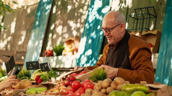 Junger Verkäufer Klebt Preisschilder Gemüsekisten Auf Dem Bauernmarkt Und Püriert — Stockfoto