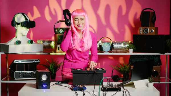 Cheerful Performer Playing Techno Music Professional Mixer While Listening Sound — Fotografia de Stock
