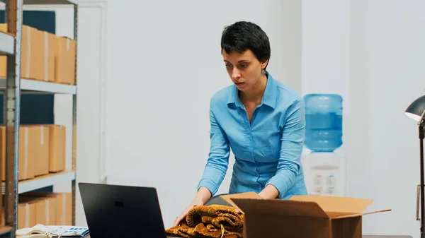 Young Entrepreneur Arranging Products Cardboard Boxes Shipping Merchandise Order Customers — Foto Stock