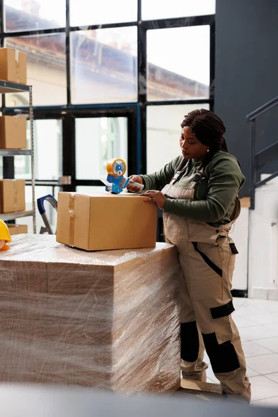 Employee Putting Adhesive Tape Cardboard Boxes Preparing Customers Orders Storehouse — Stock Photo, Image
