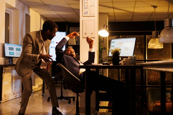 Playful Employee Scares His Sleepy Colleague Startup Office Manager Falling — Stock Photo, Image