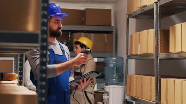 Male Supervisor Scanning Barcodes Packages Depot Pointing Scanner Cardboard Boxes — Stock Video