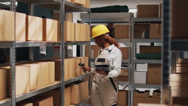 Young Woman Scanning Barcodes Packages Work Stock Logistics Using Scanner — Stock Video