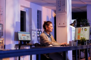 Şirket çalışanı bilgisayardaki finansal büyüme raporunu analiz ediyor, şirket stratejisinde fazla mesai yaparak iş kârını arttırıyor. Yönetici yöneticisi başlangıç ofisindeki pazarlama istatistiklerini analiz ediyor