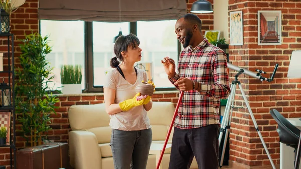 Interracial People Cleaning Household Tools Equipment Husband Mopping Floors Wife — Stock Photo, Image