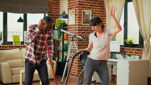Happy Life Partners Using Tools Clean Apartment Listening Music Dancing — Stock Photo, Image