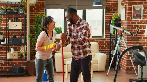 Life Partners Doing Spring Cleaning Apartment Mopping Floors All Purpose — Stock Photo, Image