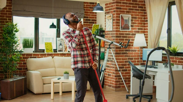 African American Person Using Mop Wash Wooden Floors Cleaning Household — Stockfoto