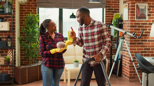 Young Life Partners Doing Household Chores Cleaning Apartment Vacuum Cleaner — Stock Photo, Image