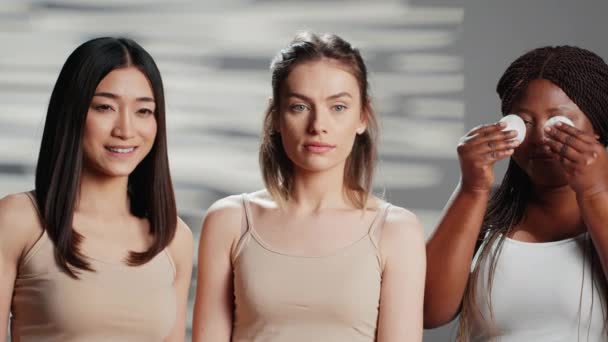 Models Doing Three Wise Monkeys Sign Cotton Pads Camera Being — Vídeos de Stock