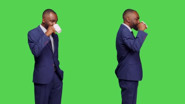 Young Corporate Manager Drinking Coffee Cup Studio Standing Confidence Greenscreen — Stock Video