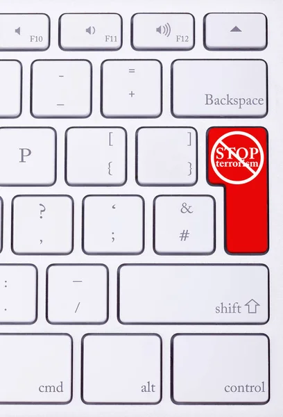Botón Rojo Teclado Con Palabra Detener Terrorismo Ataque Criminal — Foto de Stock