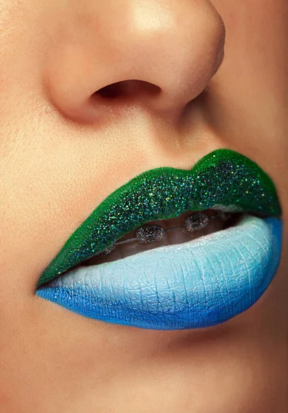 Zamknąć Usta Moda Makijaż Nawiasy Etapie Tworzą Składają Się Luksusowe — Zdjęcie stockowe