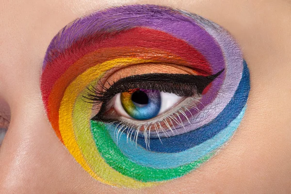 Bliska Oczu Makijażu Artystycznego Tęczy Kolory Kolorowy Radość Artystycznych Moda — Zdjęcie stockowe