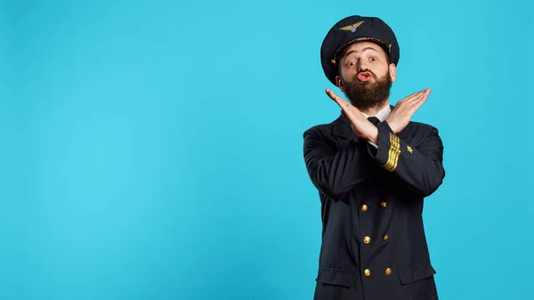 Confident Aircrew Captain Showing Shape Symbol Expressing Disapproval Saying Stop — Stock Photo, Image