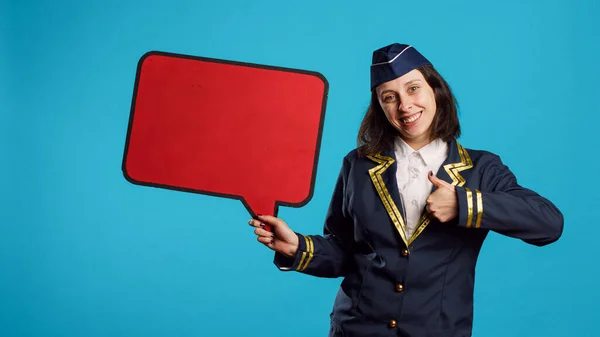 Positive Woman Holding Red Speech Bubble Camera Working Commercial Flights — Foto de Stock