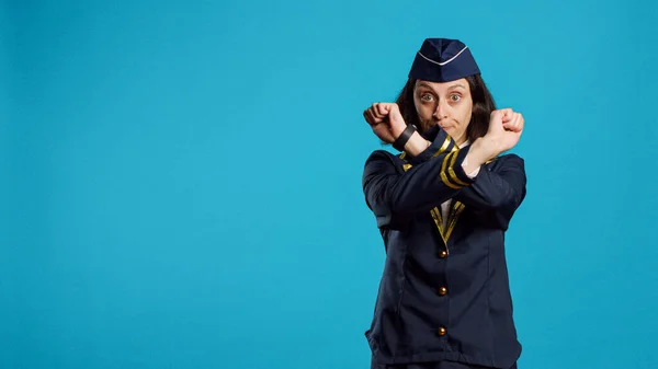 Young Air Hostess Doing Shape Gesture Showing Disapproval Saying Rejection — Stock Photo, Image