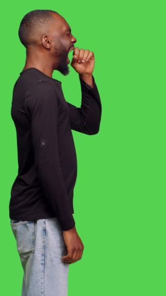 Vertical Video Profile Male Person Feeling Displeased Exhausted Studio Yawning — Stock Video
