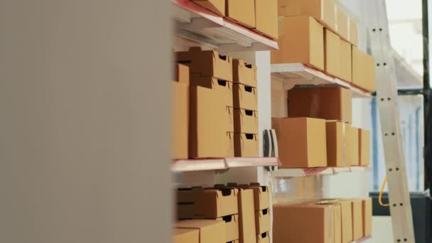 Пустой Склад Заполнен Коробками Стеллажах Полках Товарами Грузами Кладовке Производство — стоковое видео
