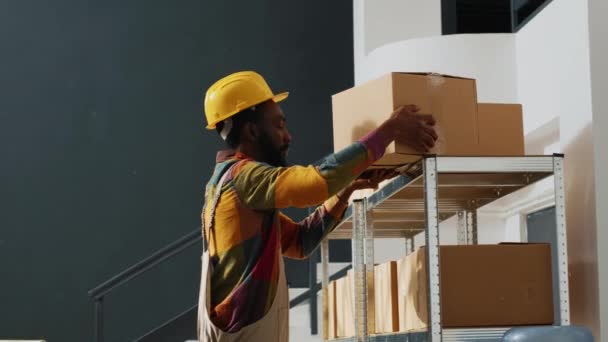 非裔美国人检查货物的质量 用架子和架子上的纸板箱运送货物 从事库存和零售店订单 储藏室工作的雇员 — 图库视频影像
