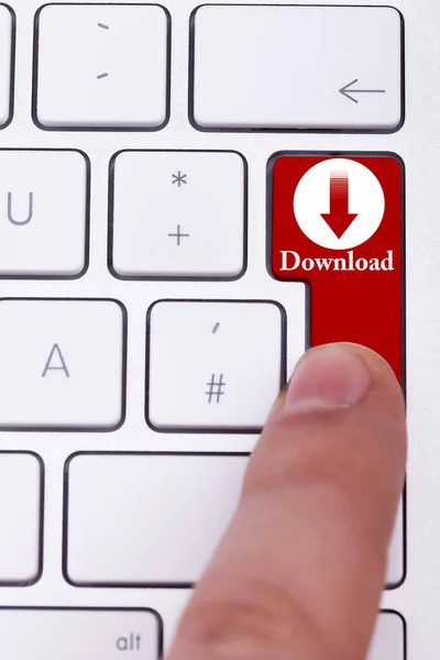 Finger Pressing Red Download Button Keyboard Torrent P2P Digital Data — Stock Photo, Image
