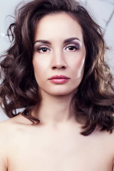 Portrait Gorgeous Woman Grey Background Studio Photo Professional Make Hairstyle — Stock Photo, Image