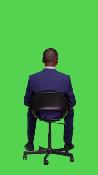 Vertical Video Back View Male Company Entrepreneur Sitting Chair Studio — Stock Video