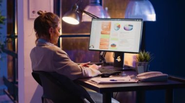 Female manager working on financial statistics in office, analyzing marketing strategy and business growth on online report. Young woman looking at diagrams analytics to plan investment.