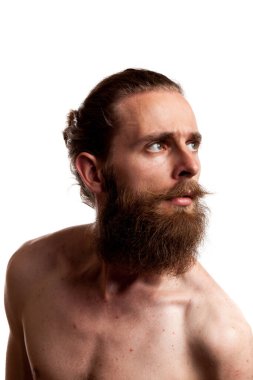 Stüdyo fotoğraf beyaz arka plan üzerinde izole uzun sakallı serin hipster