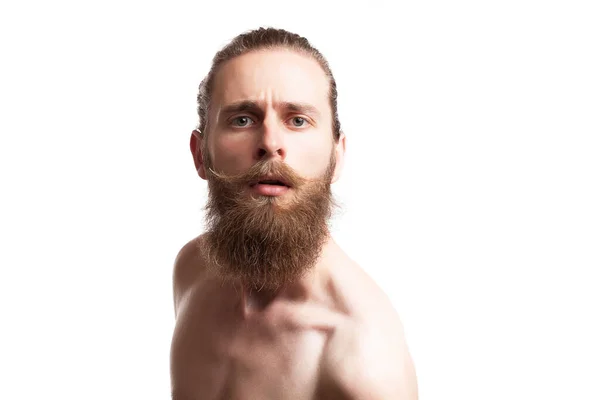 Hipster Wearing Long Beard White Background Studio Photo — Stock Photo, Image