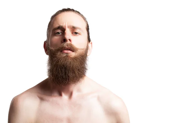 Hipster Wearing Long Beard White Background Studio Photo — Stock Photo, Image
