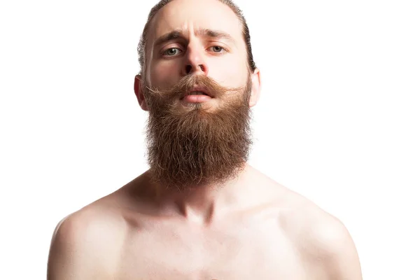 Hipster Vistiendo Una Larga Barba Sobre Fondo Blanco Foto Estudio — Foto de Stock